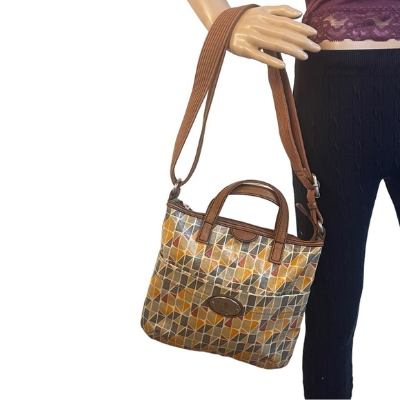 Fossil Brown, Gray and Orange Geometric Pattern  Leather Purse - Picture 1 of 16